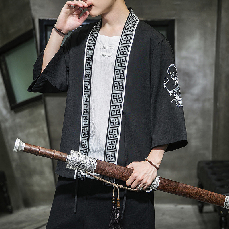 AliExpress new Chinese style round dragon embroidery three-quarter sleeve cardigan Hanfu sunscreen clothing men's Japanese loose jacket men - Image 3