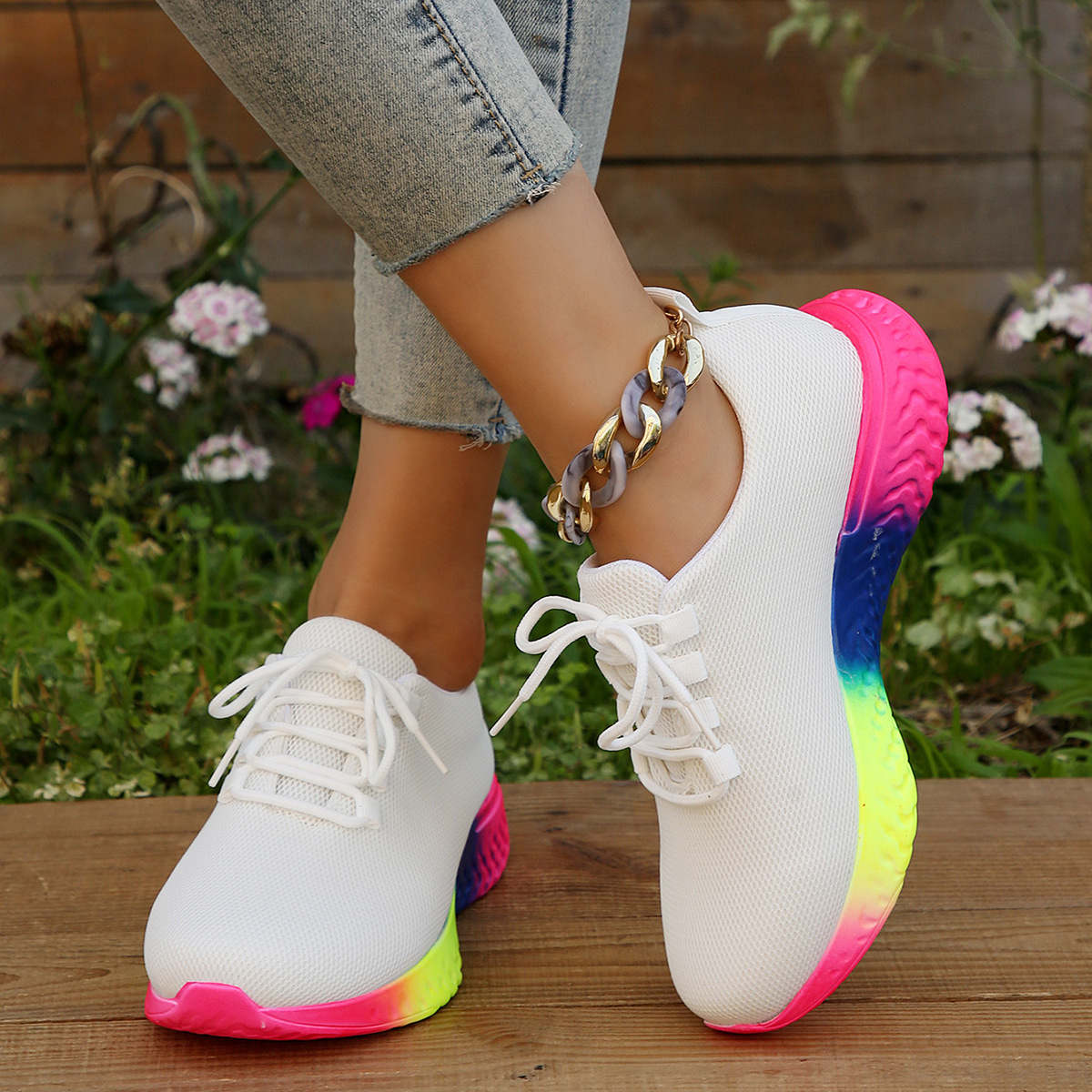 New cross-border 2023 autumn European and American large size 36~43 rainbow single shoes women's casual thick-soled lace-up sports shoes women - Image 3