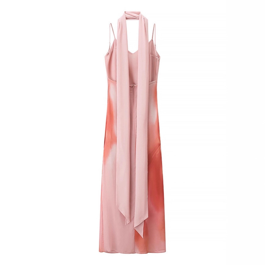 Cross-border 2025 Summer New Women's Clothing European and American Style Fashion Tie-Dye Print Camisole Scarf Accessories Long Dress - Image 4