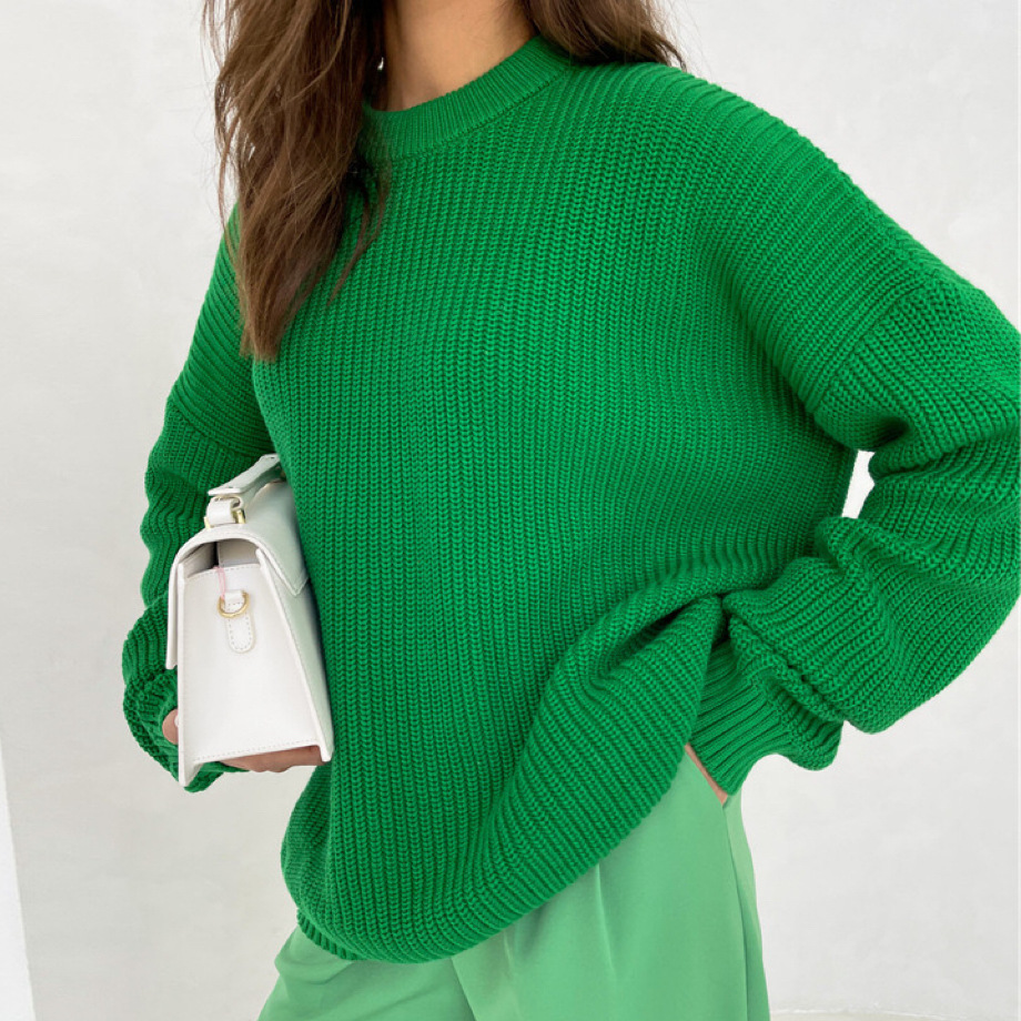 European and American style solid color round neck thick sweater for women, 2025 autumn and winter new arrival, loose long sleeve lazy style pullover knit sweater for women. - Image 7