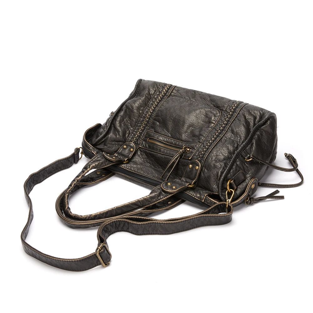 French retro motorcycle bag shoulder messenger bag tote bag large bag women's large capacity bag washed bag soft leather bag European - Image 13