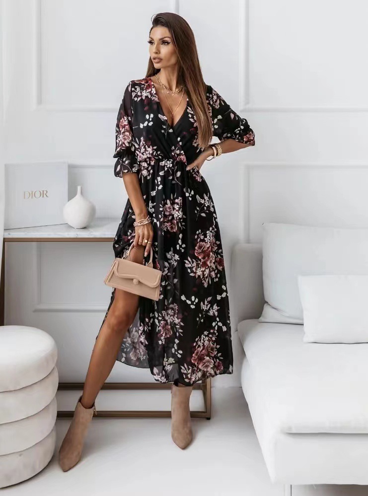 2022 independent station wish Amazon European and American women's fashion V-neck slim chiffon printed dress - Image 5