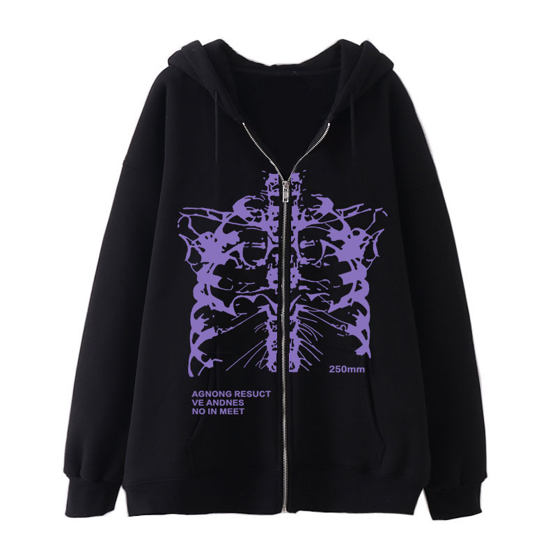 New arrival Skull Wings Hooded Zipper Sweatshirt Women Korean Style Plus Velvet Thickened Loose Sports Cardigan Sweatshirt Women - Image 31