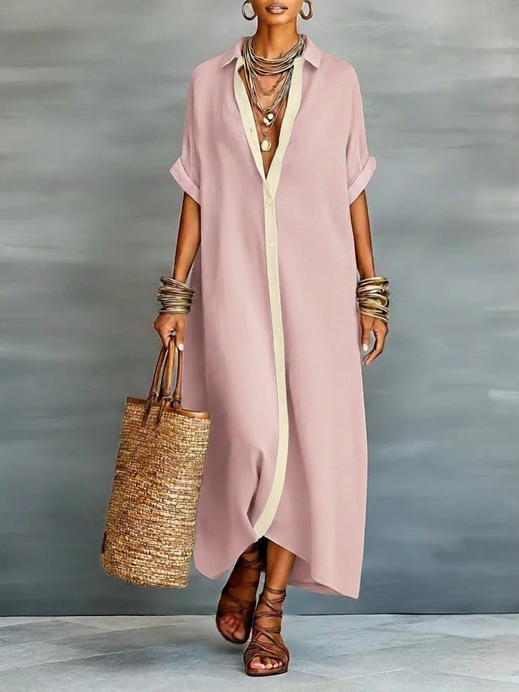 2026 European and American Spring New Arrival Amazon Spring Cross-border Women's Color Block Cotton Linen Shirt Dress - Image 9