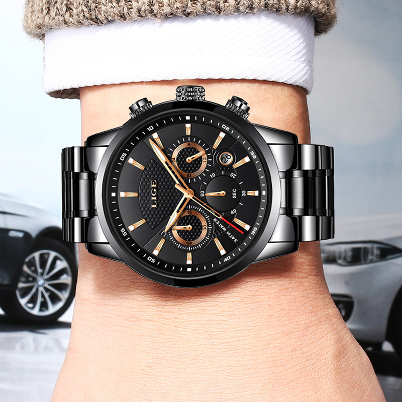 New LIGE 9866 men's sports quartz watch waterproof steel belt binocular multifunctional watch business watch - Image 8