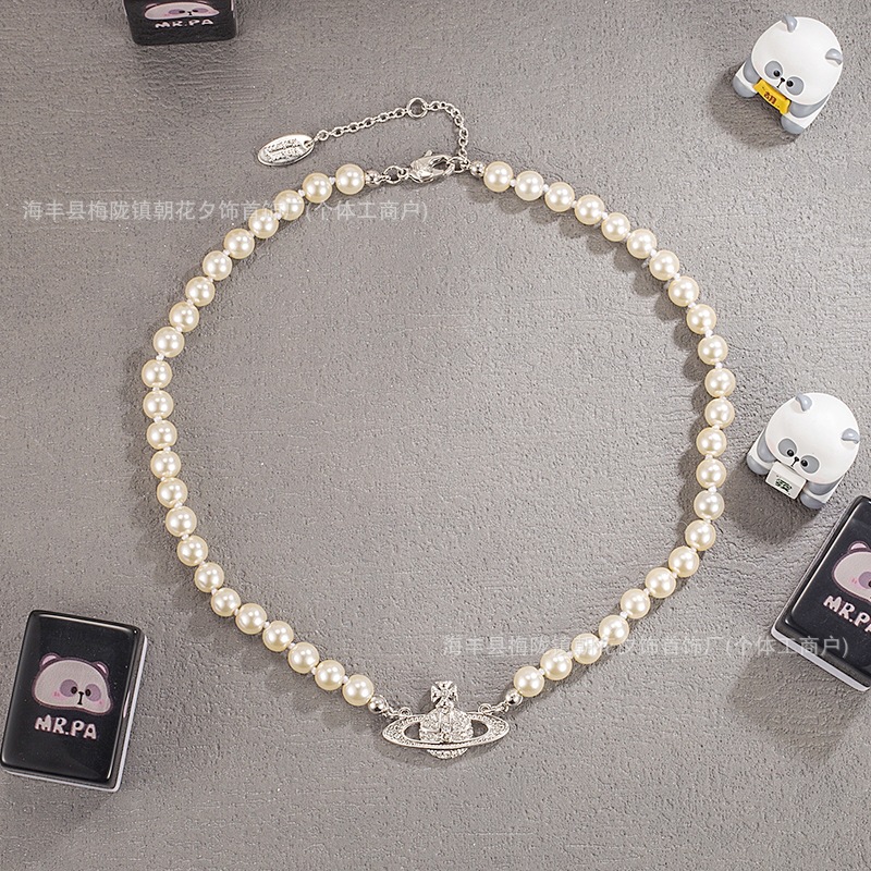 Classic Vivienne Westwood Saturn Pearl Necklace, High-End Version, Full Diamond Inlay, Swarovski Glass Pearl Chain, Women's Style, Nana's Style - Image 4
