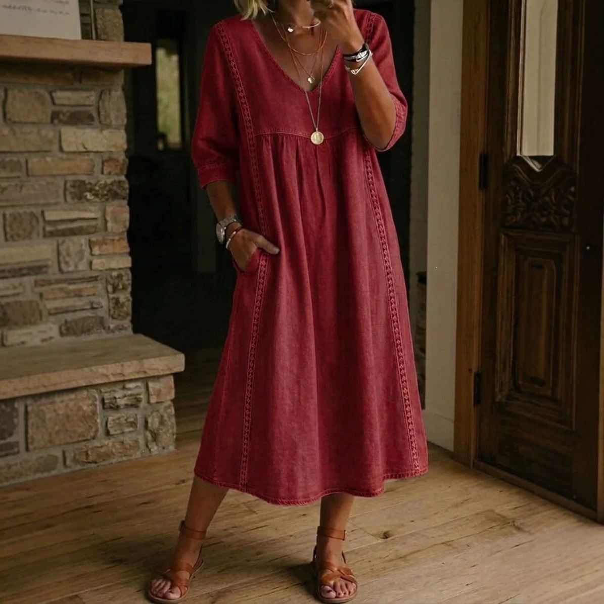 2026 Amazon New Summer European and American Style Cotton Linen V-neck Loose Fit Slimming Three-Quarter Sleeve Mid-Length Women's Dress - Image 4