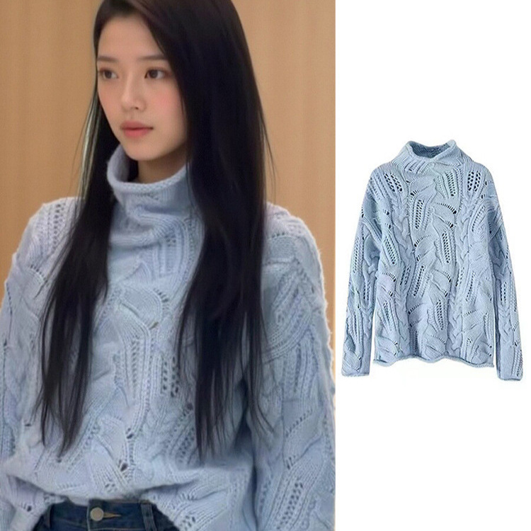 Spot Zhao Jinmai same style foreign trade cross-border half-high collar hollow knit sweater women's autumn and winter gentle style sweater top - Image 3