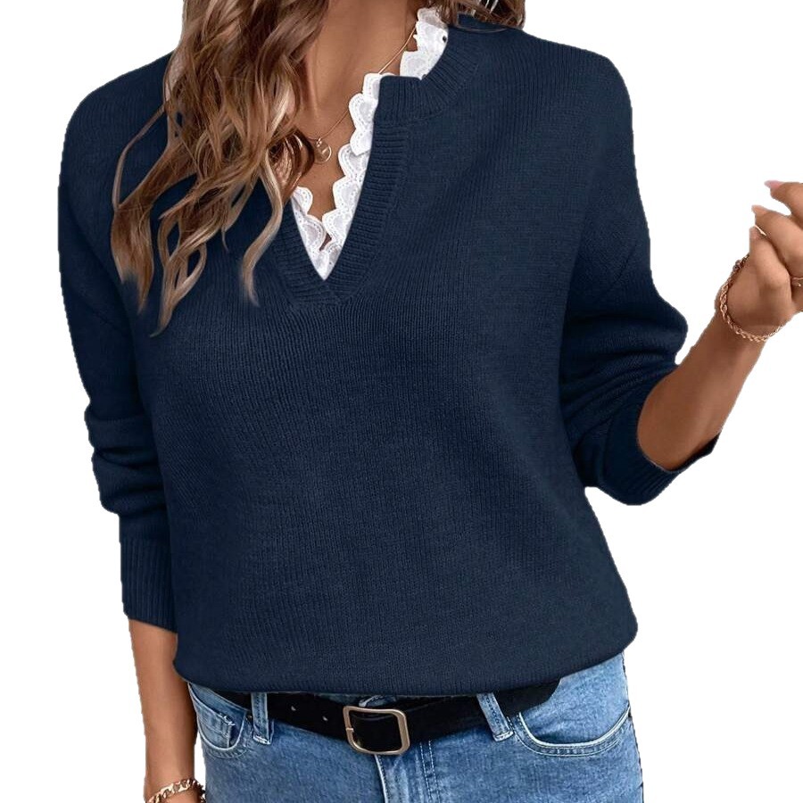 Cross-border European and American 2025 Autumn/Winter New Fashion Lace Trim V-neck Sweater Solid Color Loose Long Sleeve Women's Knitwear - Image 5