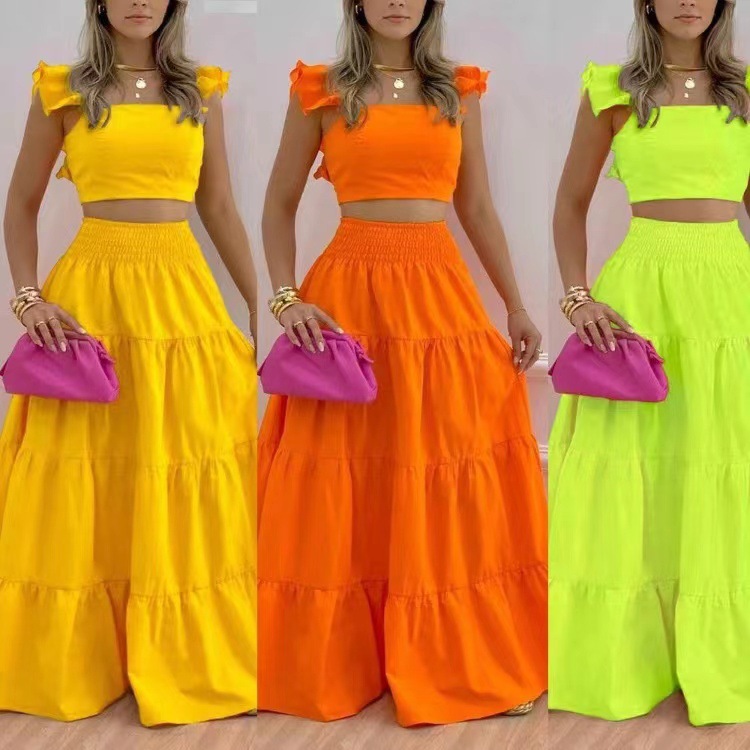 2023 summer European and American cross-border new temperament sexy solid color mid-waist suspenders two-piece suit dress - Image 9