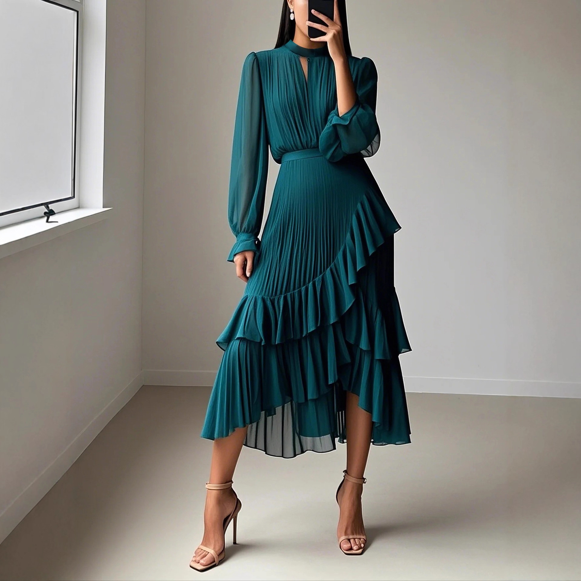 2025 European and American cross-border new solid color dress, Middle Eastern foreign trade ruffled pleated dress, midi skirt, Amazon. - Image 2