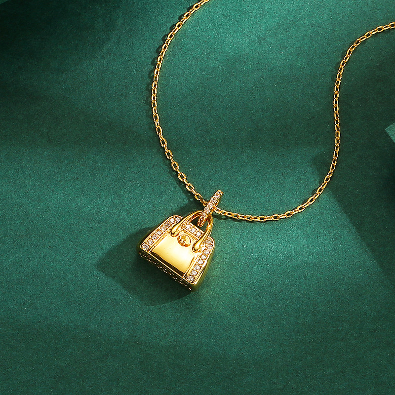 Qingdao Foreign Trade Cross-border Exquisite Commuter Diamond-encrusted 3D Gold Handbag Pendant Necklace Valentine's Day Birthday Gift