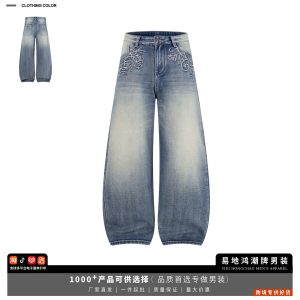 Street-style rose embroidered jeans men's loose-fitting trendy casual commuter curved wide-leg floor-length pants trendy cross-border menswear