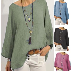In stock 2023 cross-border European and American foreign trade women's clothing top, solid color cotton linen round neck raglan sleeve three-quarter sleeve women's shirt