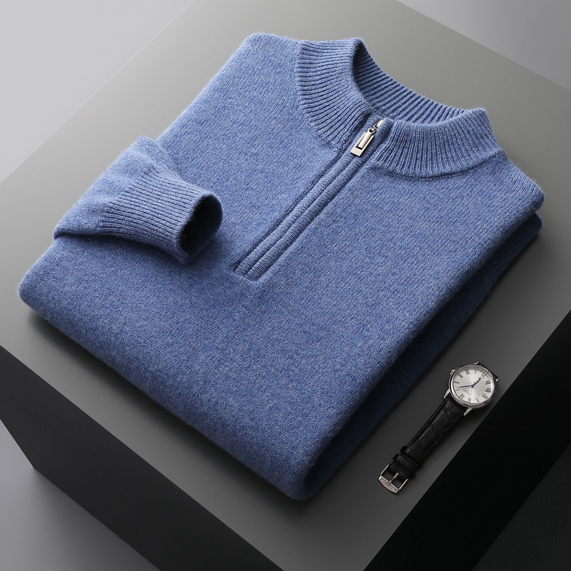 100% wool sweater men's half turtleneck zipper thickened bottoming sweater autumn and winter business casual solid color cashmere sweater - Image 7