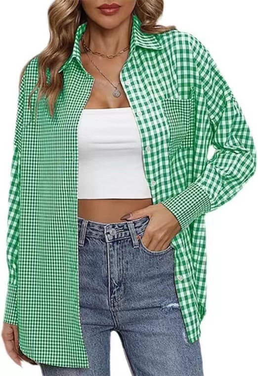 2023 Amazon women's spring and summer new cross-border European and American foreign trade ladies' fashion loose casual plaid shirt - Image 13