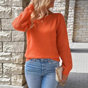 European and American style women's sweater, spring and autumn new style, Amazon cross-border solid color hollowed-out long sleeve one shoulder pullover knitted top