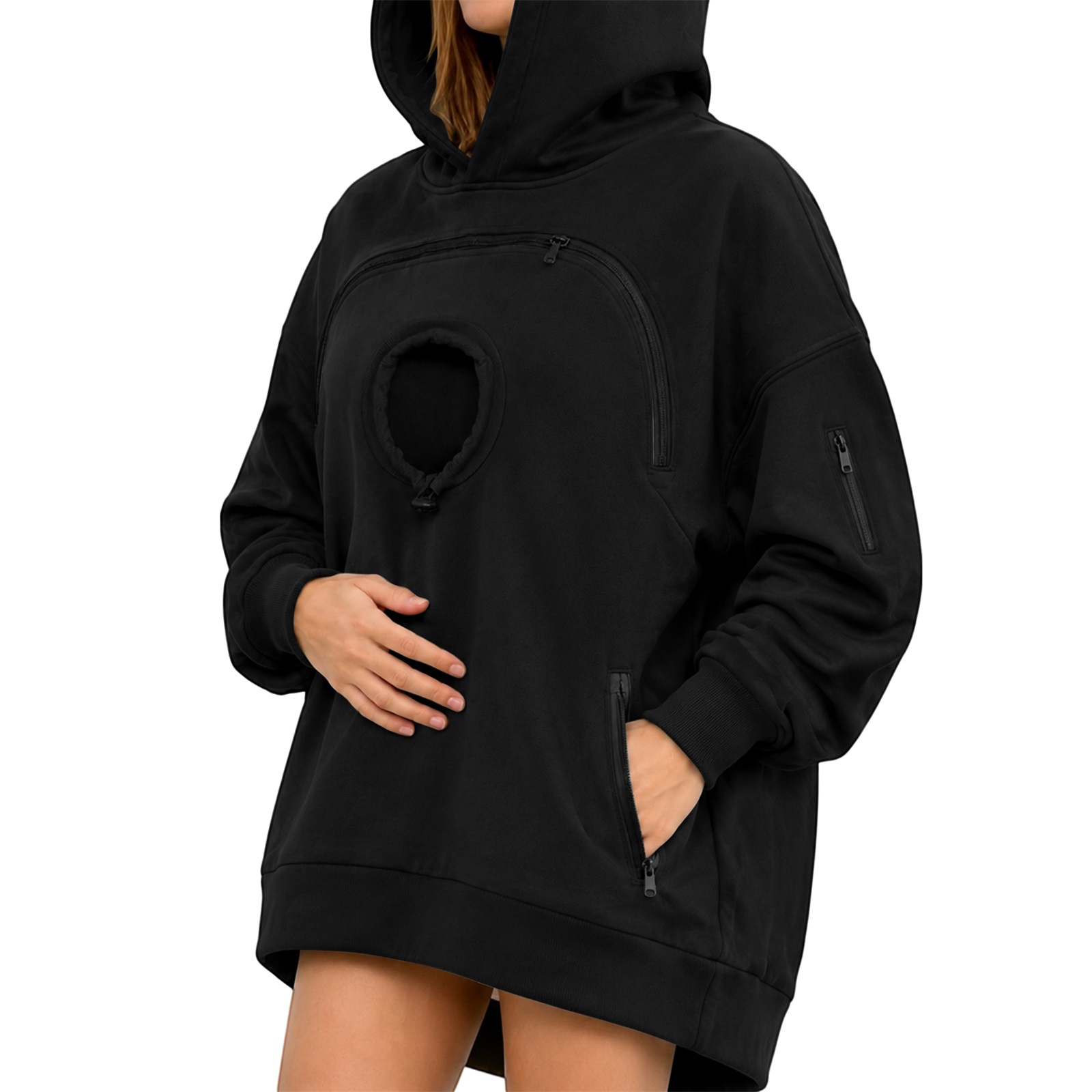 Cross-border women's hooded sweatshirt with pet cat pocket, casual style, long-sleeved hooded fleece-lined top with zipper. - Image 2