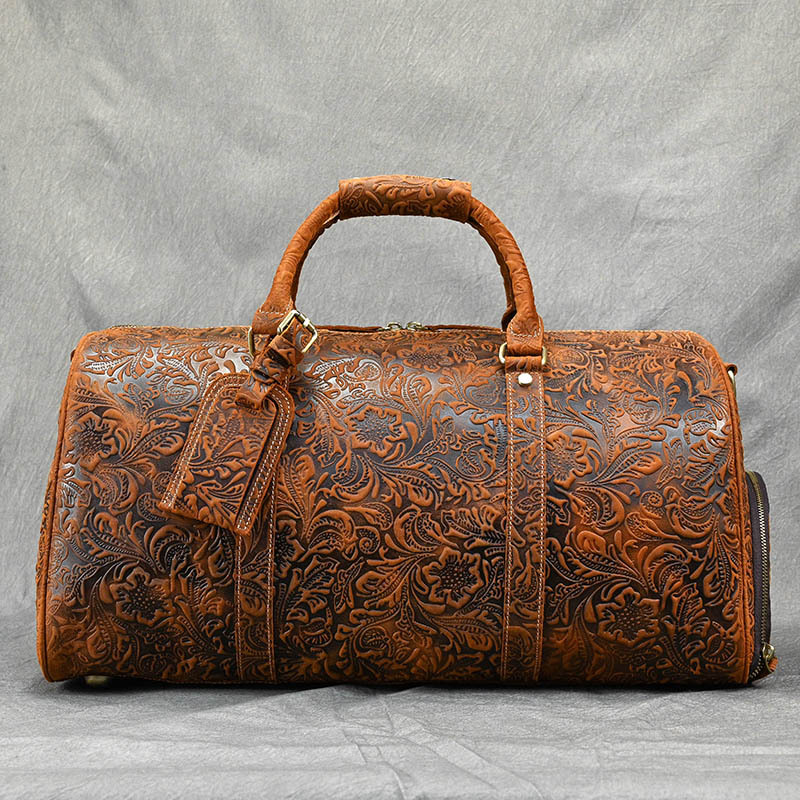 Retro Crazy Horse Leather Travel Bag for Men, Genuine Leather Luggage Bag, 20-inch Large Capacity Handbag with Shoe Compartment, Gym Bag - Image 6