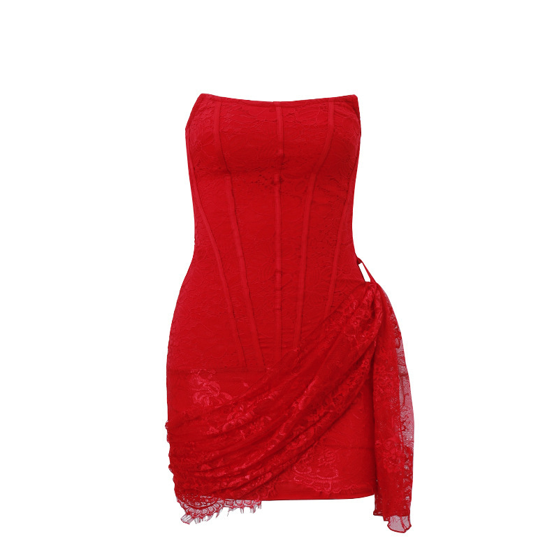 Amazon 2023 autumn new women's clothing sexy lace mesh one-shoulder tube top slightly transparent slim dress female - Image 7