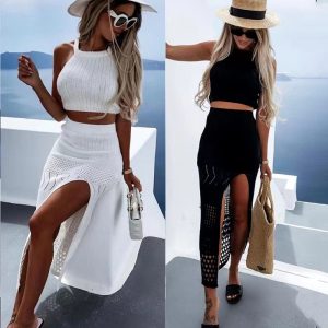 Sleeveless Knit Top and Slit Skirt Set