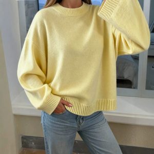 Cross-border European and American style loose-fitting pullover sweater for women, light yellow round neck soft knit long-sleeved base layer for autumn and winter