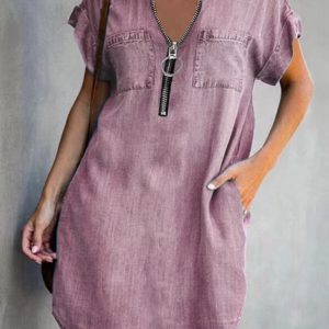 Short-Sleeve Denim Shirt Dress