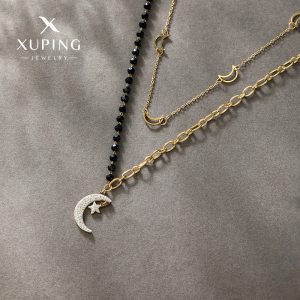 Xuping New Fashionable 14k Plated Black Beaded Star and Moon Double-Layer Necklace, Clavicle Chain