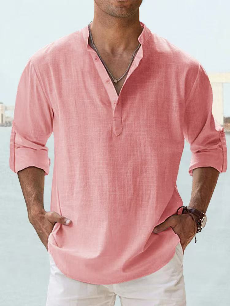 Summer New Casual Men's Loose Fit Stand Collar Sports Solid Color Long Sleeve Pure Cotton Shirt Plus Size Available - Image 9