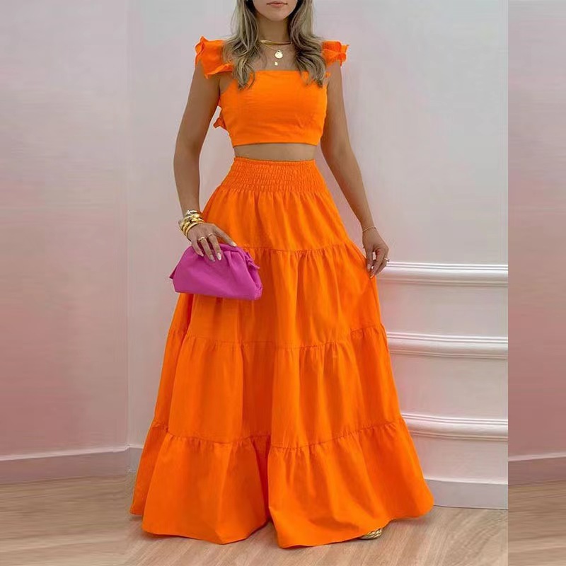 2023 summer European and American cross-border new temperament sexy solid color mid-waist suspenders two-piece suit dress - Image 6