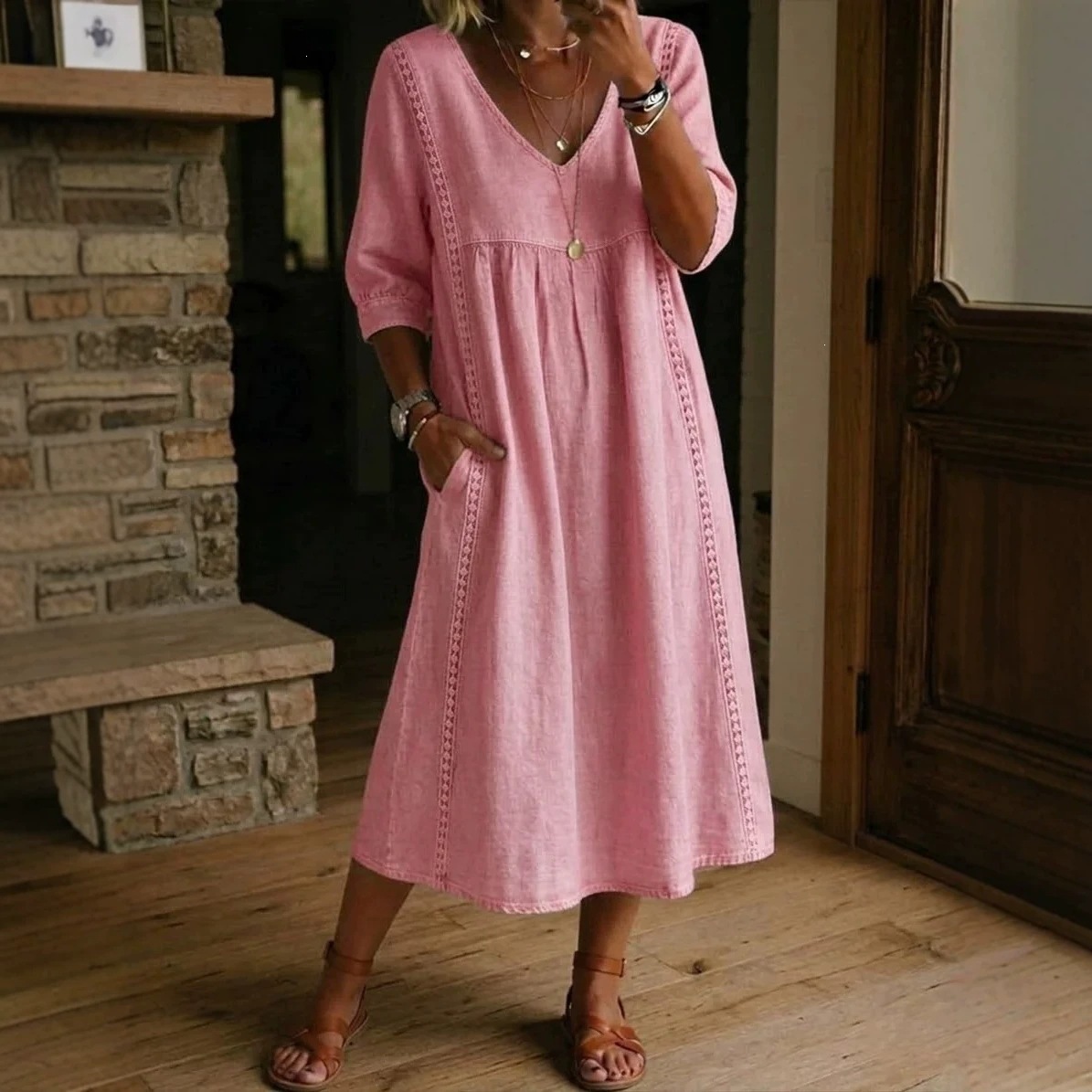 2026 Amazon New Summer European and American Style Cotton Linen V-neck Loose Fit Slimming Three-Quarter Sleeve Mid-Length Women's Dress - Image 2