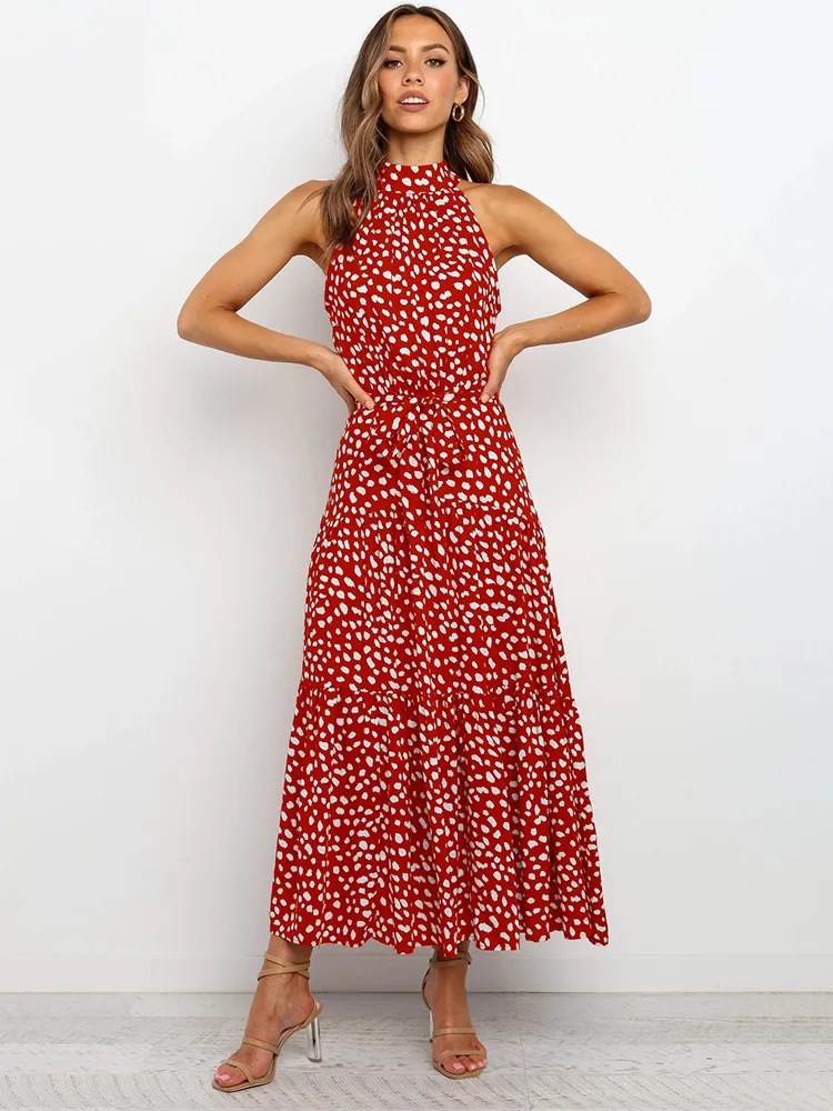 2025 European and American cross-border Amazon women's long skirt foreign trade hot-selling new halter neck polka dot print lace-up dress - Image 17