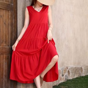 Women's skirt 2024 new elegant holiday solid color V-neck layered stitching hem loose dress cake skirt