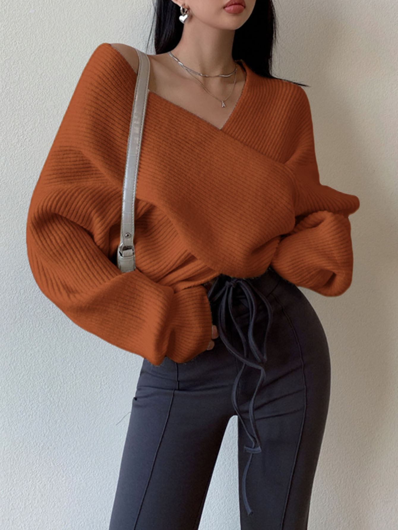 European and American cross-border autumn and winter off-shoulder crossover irregular sweater women's new loose short base knitwear - Image 6
