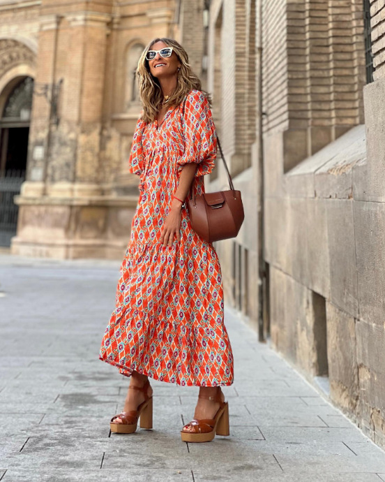 2023 Autumn New Arrival - Hot Selling Geometric Print Puff Sleeve Dress - Street Style Must-Have Plus Size Women's Clothing - Image 16