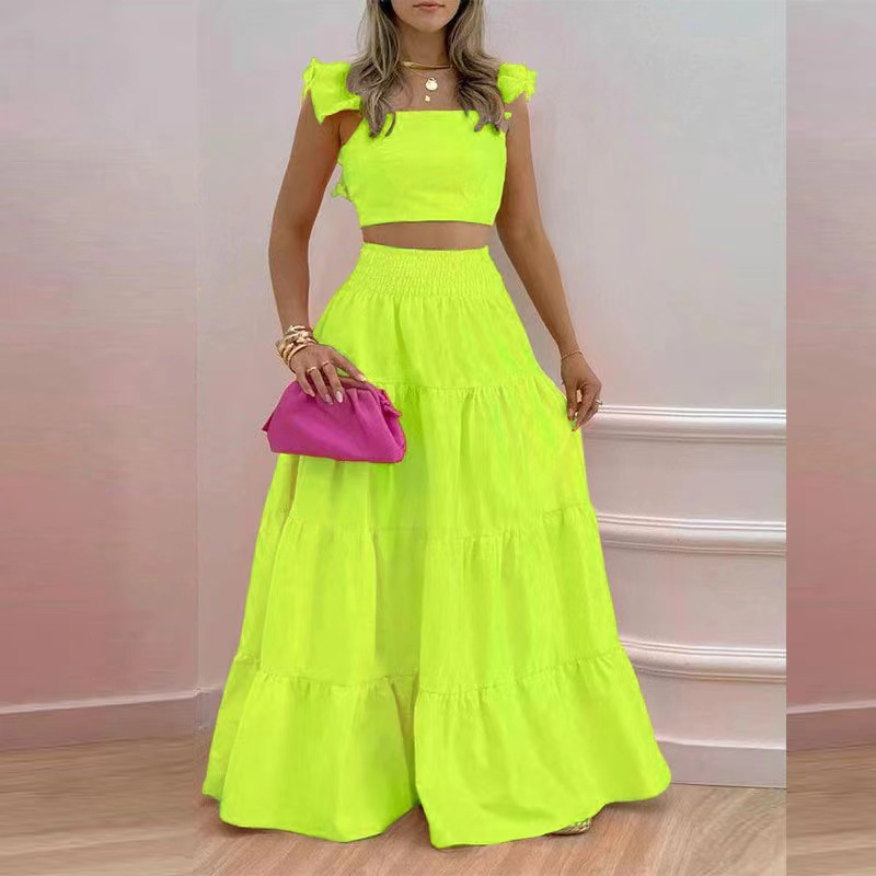 2023 summer European and American cross-border new temperament sexy solid color mid-waist suspenders two-piece suit dress - Image 8