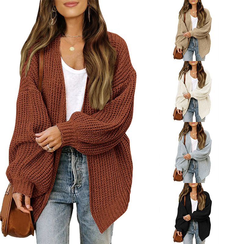Amazon export women's lantern sleeve chunky knit cardigan 2026 autumn and winter new pocket knit sweater women's coat - Image 2