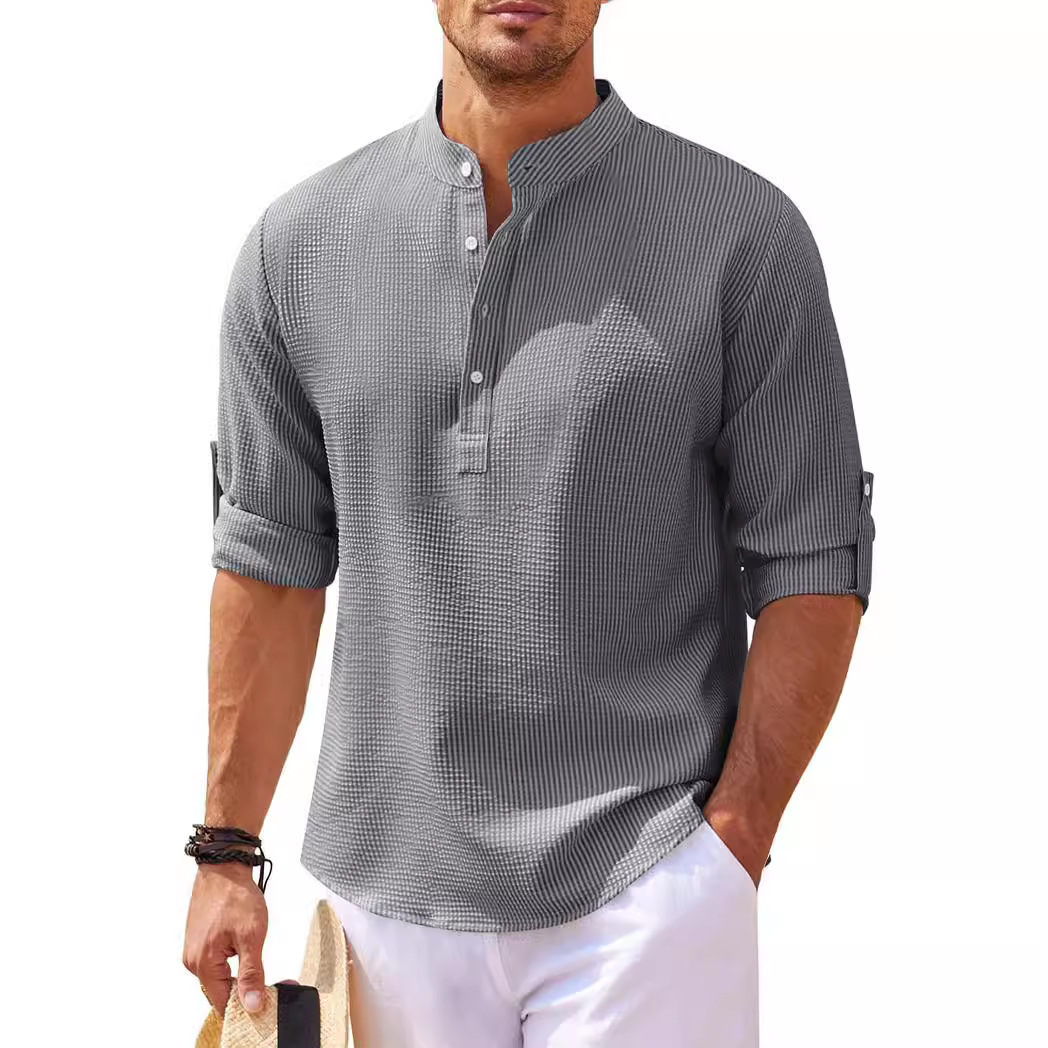 European and American style men's long-sleeved shirts, stand-up collar, half-button shirts, pineapple plaid shirts, men's casual shirts, wholesale. - Image 2