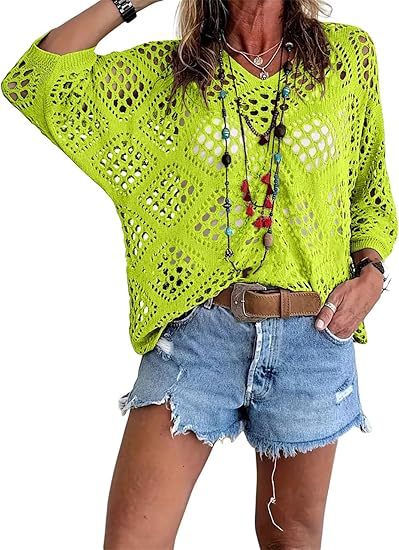 Cross-border e-commerce, Europe and America, Amazon Spring/Summer V-neck diamond-patterned openwork batwing sleeve women's sweater cover-up knitwear - Image 13