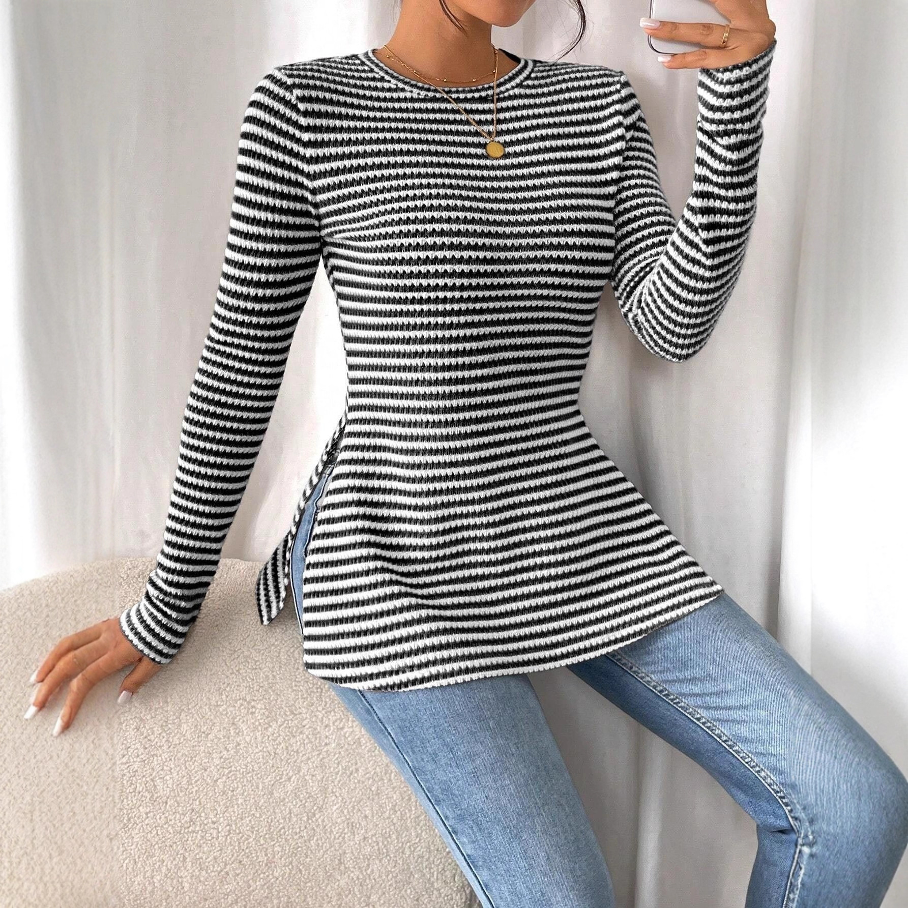 New European and American cross-border foreign trade women's round neck casual striped base layer top with side slit sexy T-shirt, slimming - Image 2
