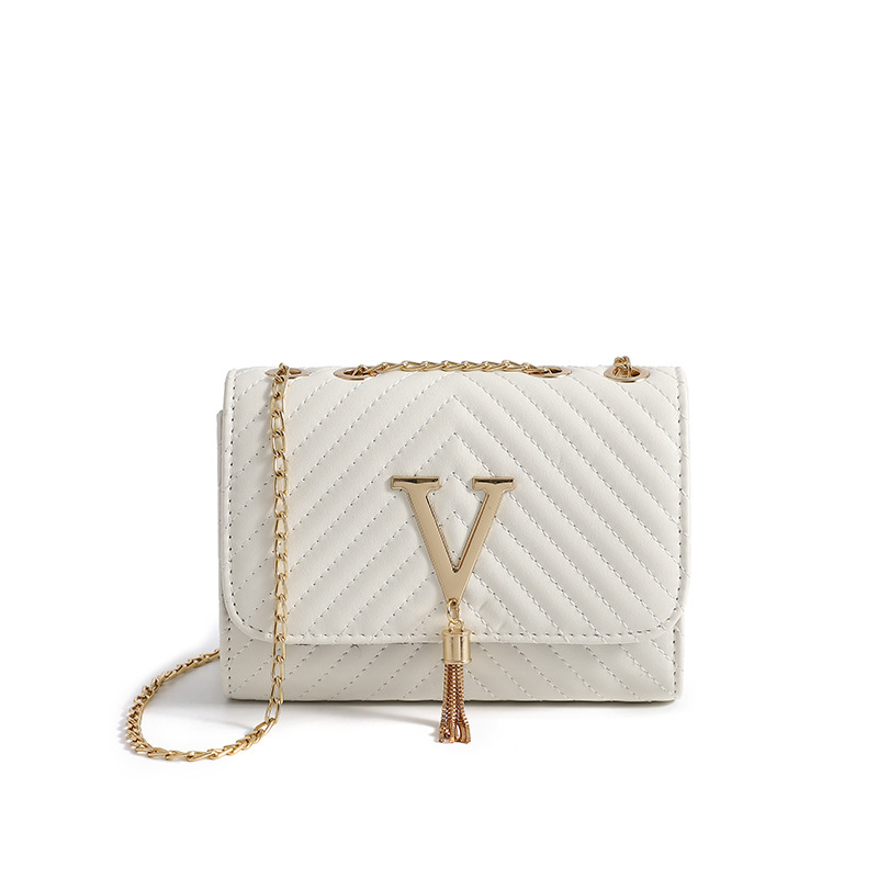 Trendy women's bag 2021 new fashion striped embroidered shoulder bag V-shaped tassel decoration messenger bag - Image 4