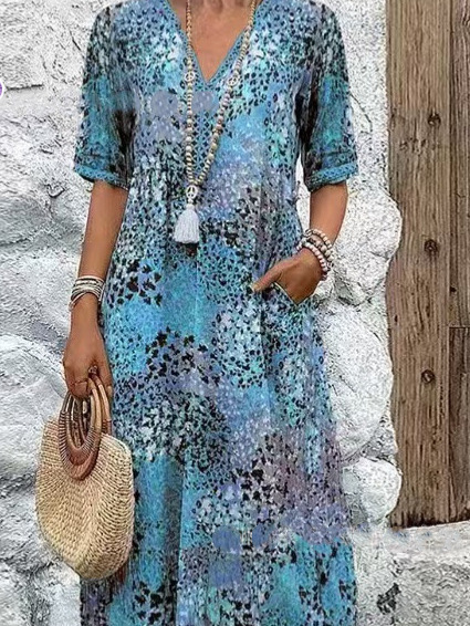 Amazon 2025 European and American new printed summer V-neck casual vacation pocket dress home clothes foreign trade women - Image 5