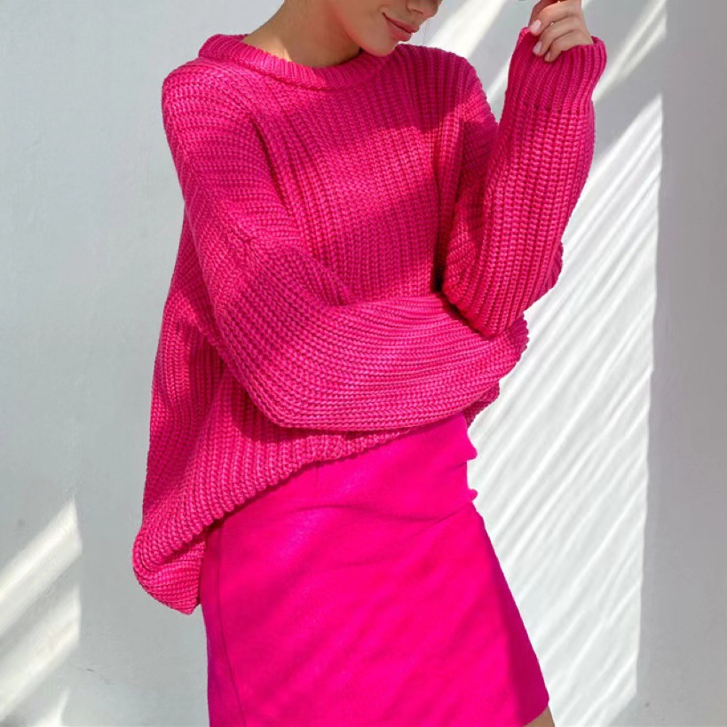 European and American style solid color round neck thick sweater for women, 2025 autumn and winter new arrival, loose long sleeve lazy style pullover knit sweater for women. - Image 22