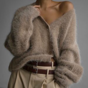 2026 Cross-Border Hot Selling Spring and Autumn Faux Mink Cardigan Women's Loose-fitting Sweater Coat Soft Long-Sleeved Knitwear