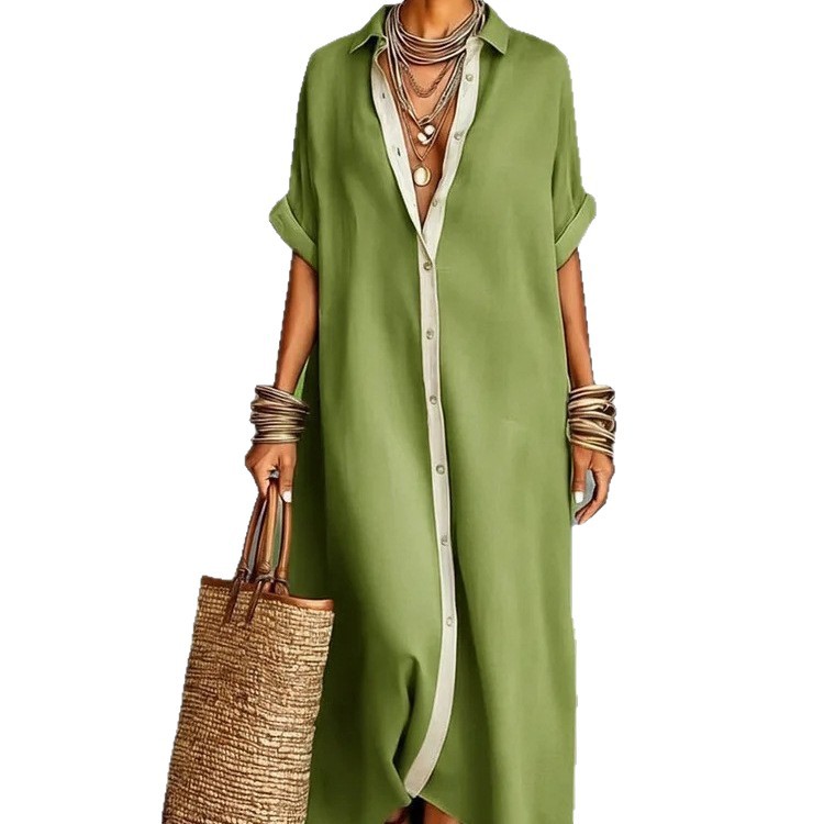 2026 European and American Spring New Arrival Amazon Spring Cross-border Women's Color Block Cotton Linen Shirt Dress - Image 5
