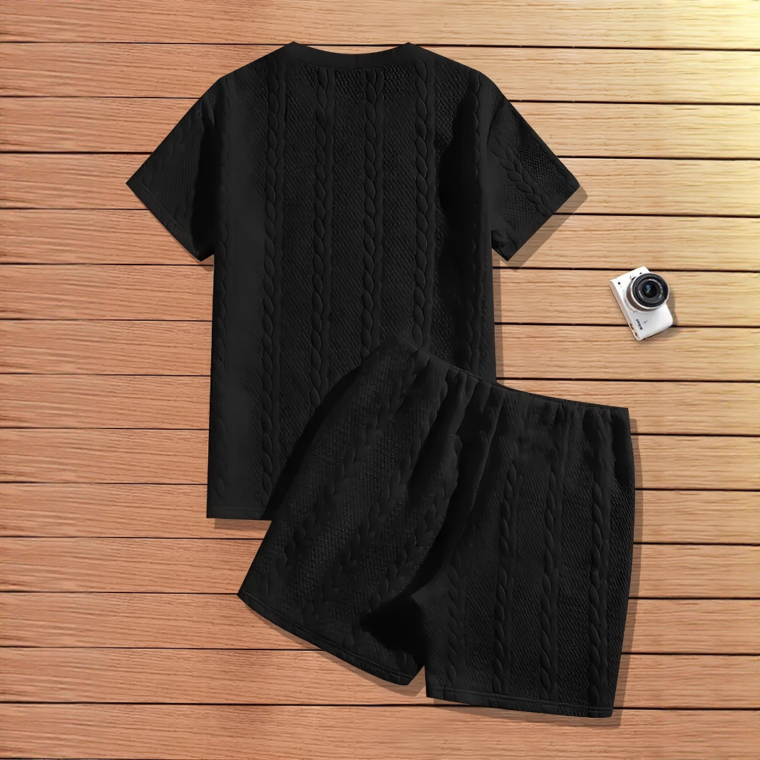 Cross-border European and American style men's solid color patchwork design overseas style summer 2025 knitted casual ribbed short-sleeved two-piece set - Image 3