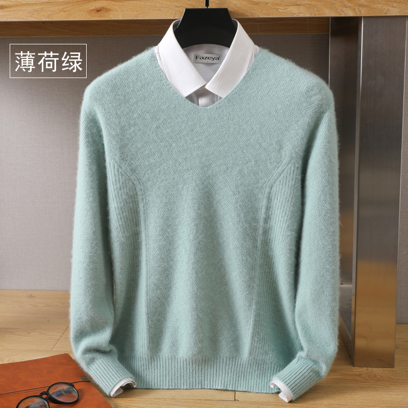 Autumn and winter new men's V-neck loose pullover solid color mink velvet base sweater knitted sweater inner top wool sweater - Image 8