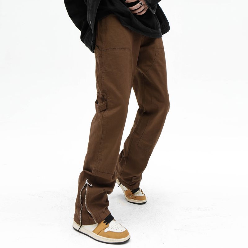 European and American high street brown micro flared zipper jeans men's winter American style trendy brand loose casual retro pants - Image 4