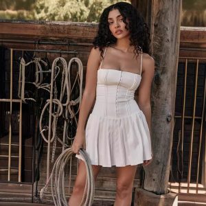 French palace style waist pleated chest strap dress slim fit princess A-line suspender skirt