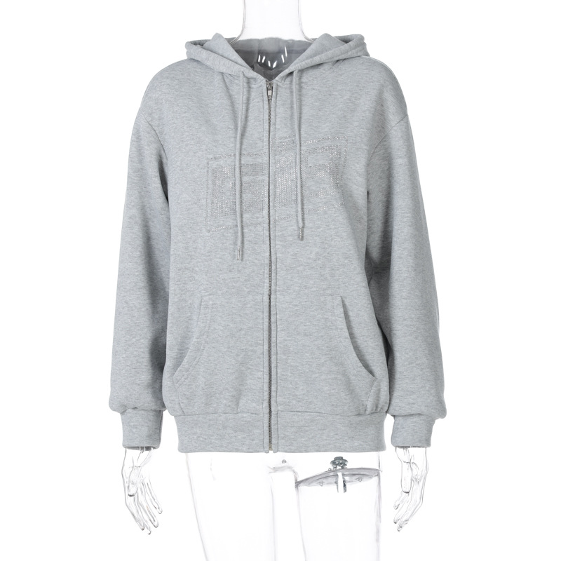 European and American style foreign trade 2021 autumn and winter new hoodie round neck loose letter hot drilling zipper cardigan sweater plus velvet - Image 6